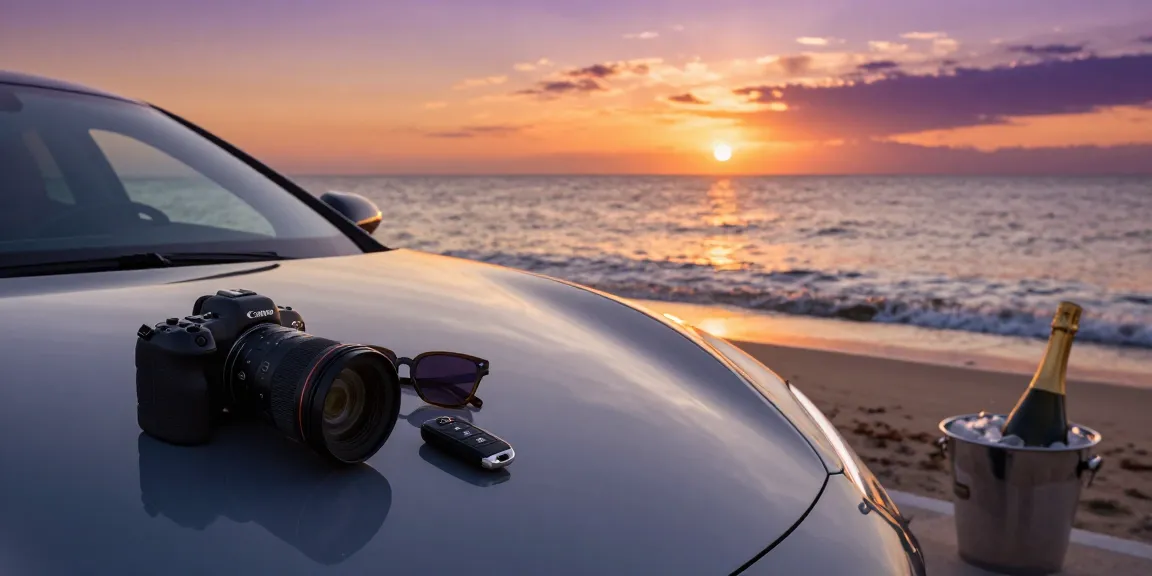 Mobil mewah LUXURY 777 terparkir di tepi pantai saat matahari terbenam.