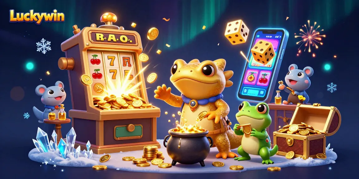 Luckywin's captivating 3D scene showcases a mystical alchemist turning metals into coins amidst a vibrant casino atmosphere.