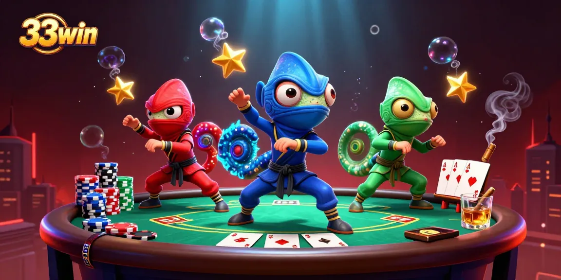 33win showcases ninja chameleons mastering poker with vibrant elements and dynamic poses.