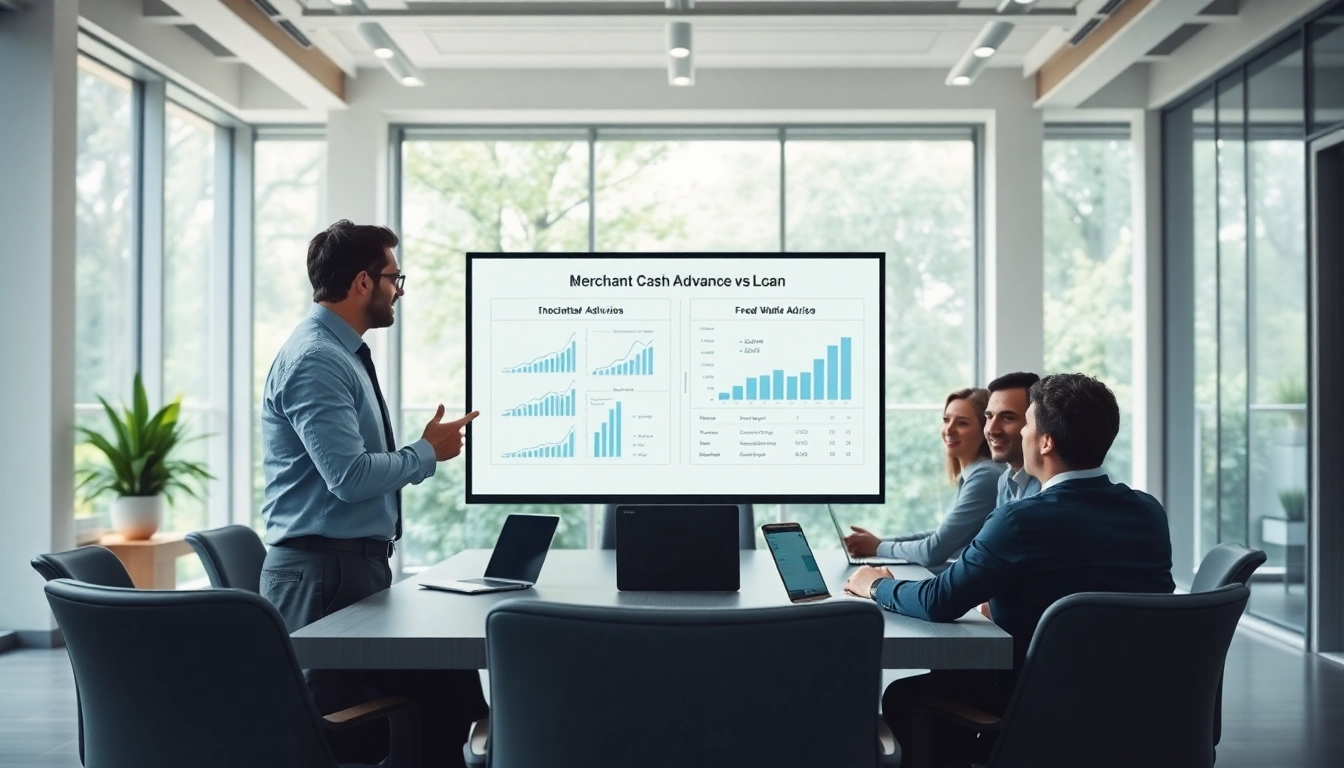 Compare merchant cash advance vs loan in a professional business meeting setting with advisors and entrepreneurs.
