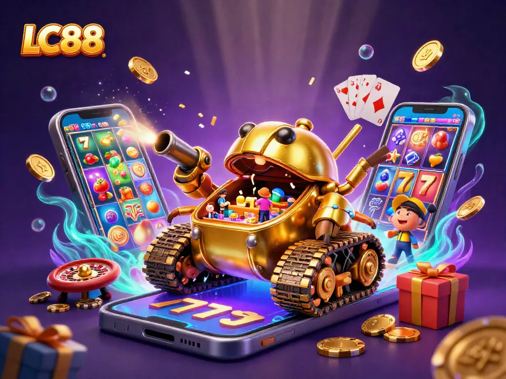 Engage with LC88's high-stakes casino scene featuring dynamic slot games, confetti, and vibrant 3D elements.