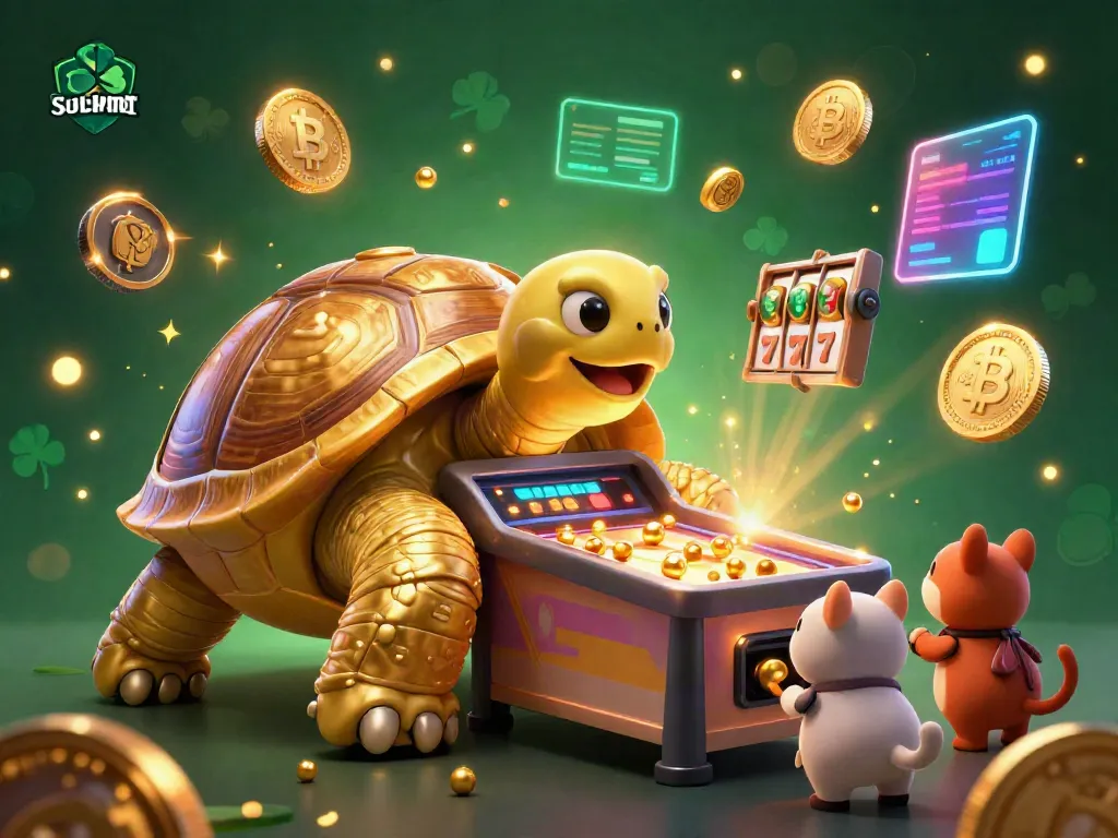 Memainkan situs slot dengan karakter kura-kura emas dan berbagai elemen slot mengelilingi suasana kasino yang kaya.
