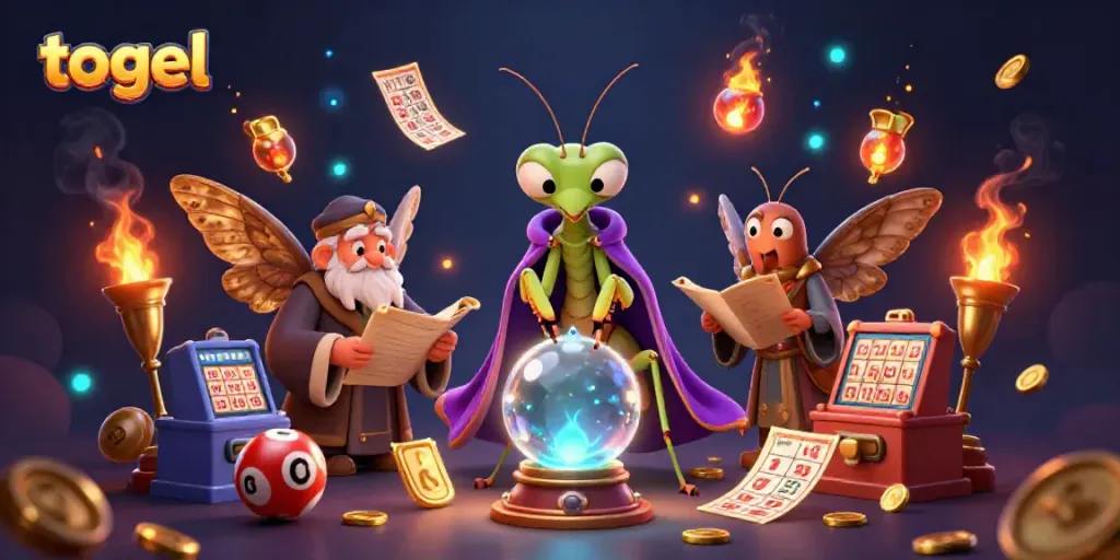 Engage with togel insights through a mystical scene of fortune tellers and lottery elements.