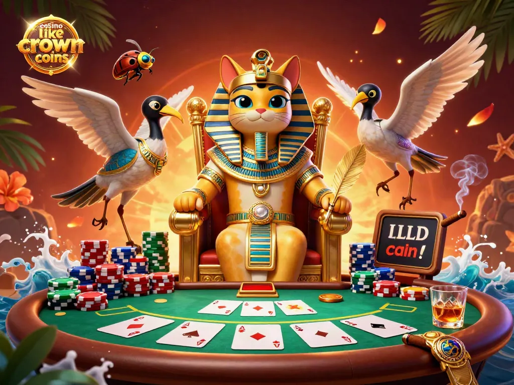 Enjoy a vibrant gaming scene showcasing a casino like crown coins with animated characters and poker elements.