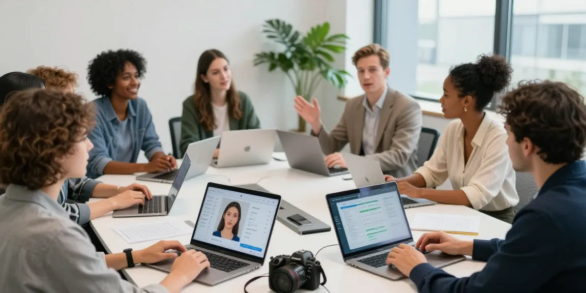 Group discussing a test of attractiveness using digital tools in a bright office.
