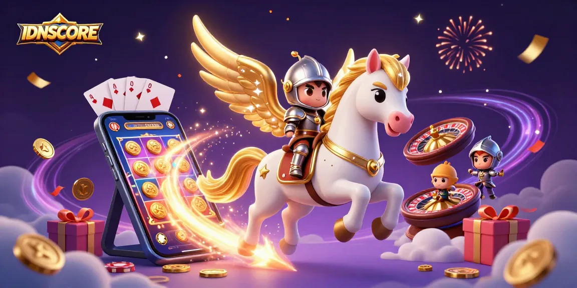Experience thrilling gaming adventures with IDNSCORE, featuring a celestial horse and vibrant slot games.
