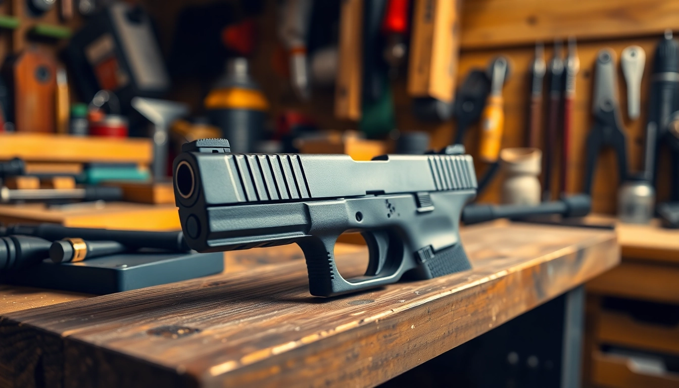 Showcase of an oem glock 26 slide on a gunsmith's bench emphasizing craftsmanship.