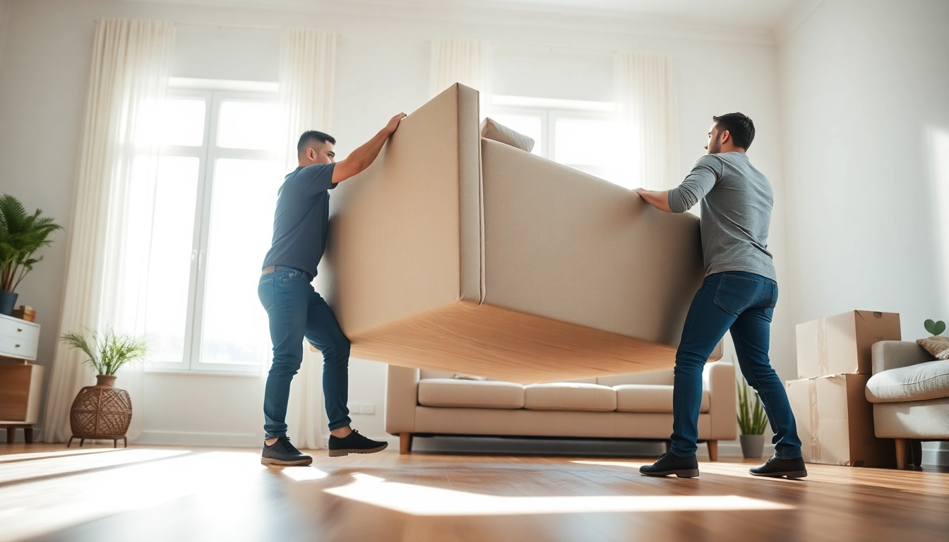 Team of professional movers demonstrating cullen moving in a bright modern living room.