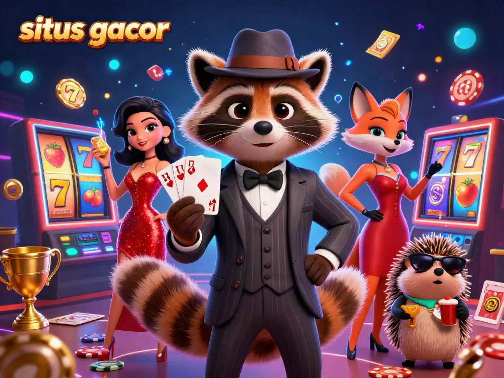 Situs gacor: Join our suave raccoon and friends enjoying an exciting casino night filled with colorful slot reels and energetic game elements.
