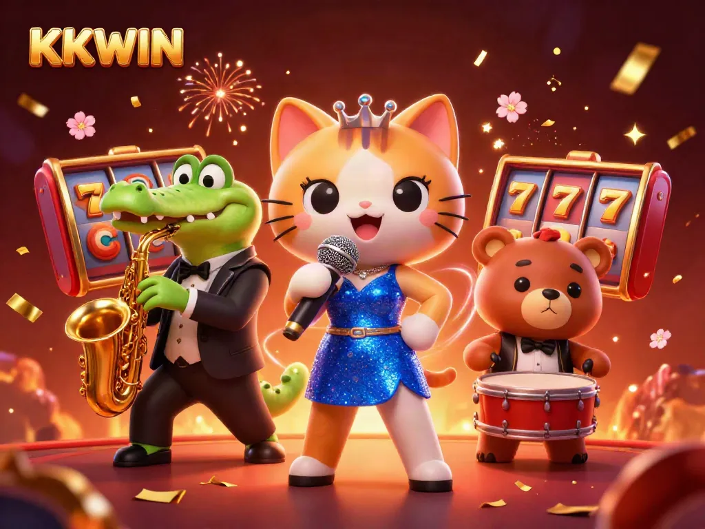 Engage with KKWIN at a lively casino scene featuring a jazz-singer cat, sax crocodile, and bear drummer.