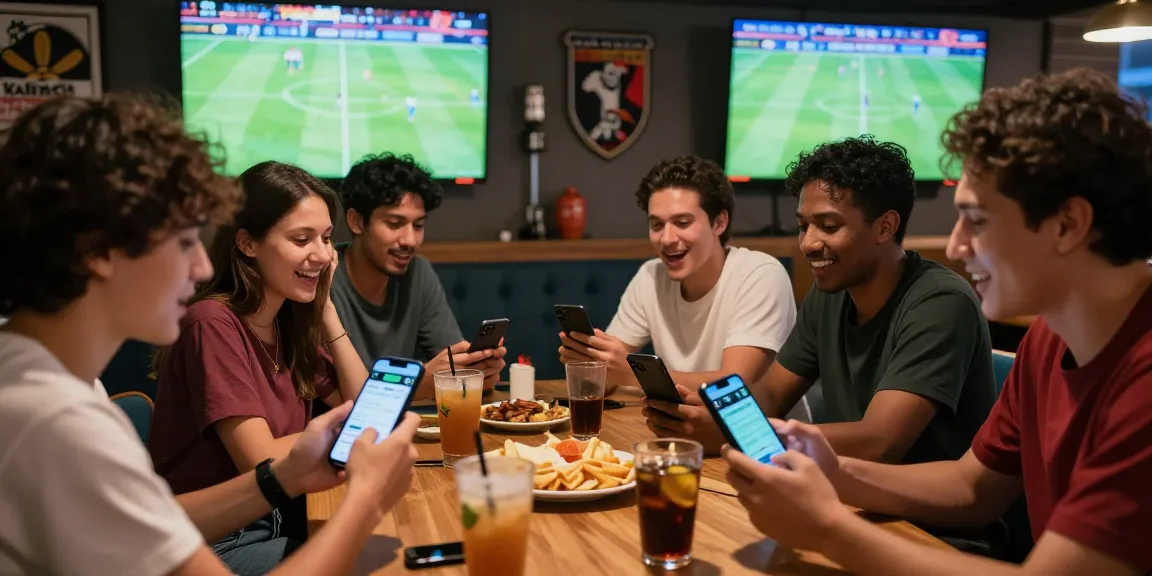 Situs Taruhan Bola Terpercaya in a vibrant sports betting lounge with friends checking live odds and enjoying the match