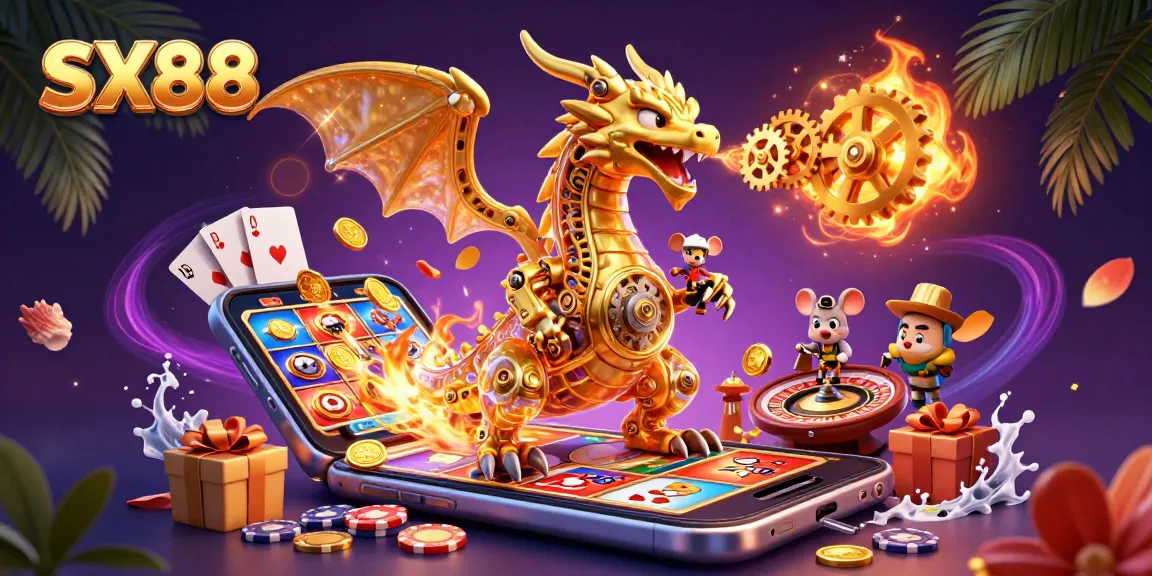 SX88 engages players with a dynamic 3D illustration of a golden dragon and gaming elements highlighting vibrant casino action.