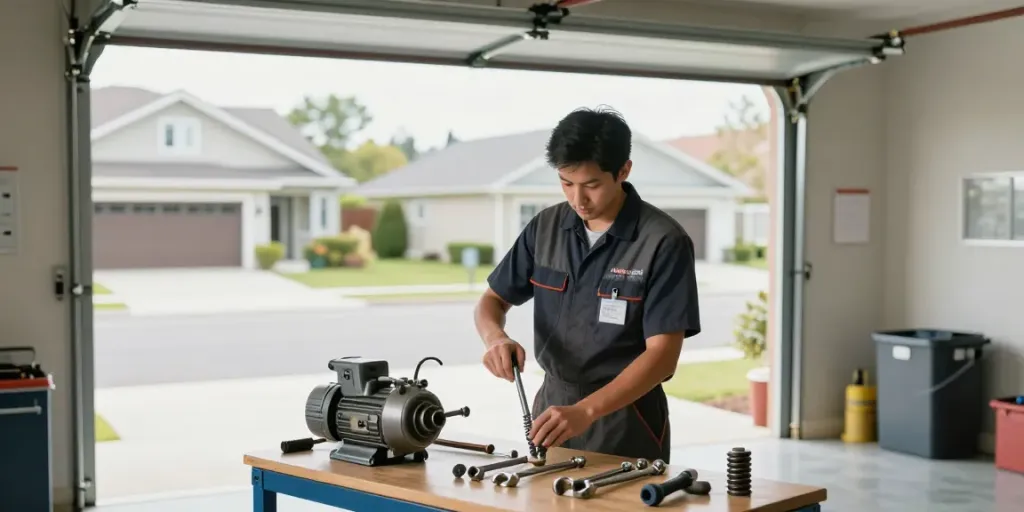 Garage door motor replacement in progress, technician focused on repairing roller door with tools in well-lit suburban garage.