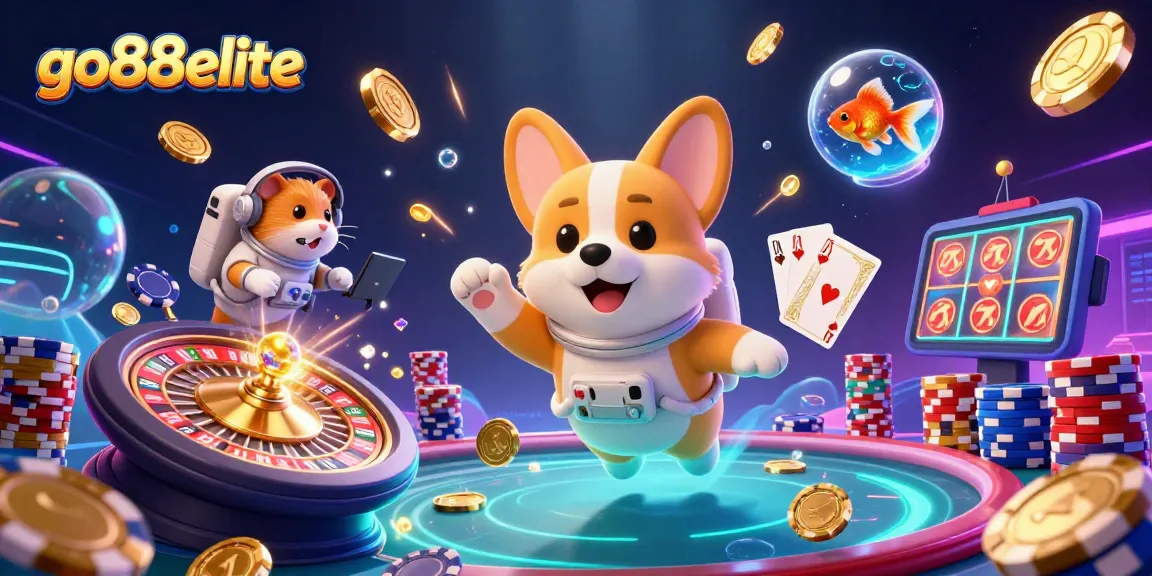 Experience thrilling gaming action at go88elite with a vibrant 3D casino scene featuring unique characters.