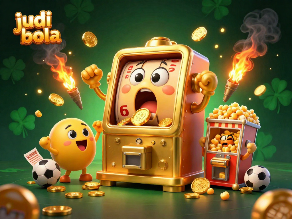 Engaging judi bola scene with a golden slot machine hitting a jackpot amidst dynamic sports elements
