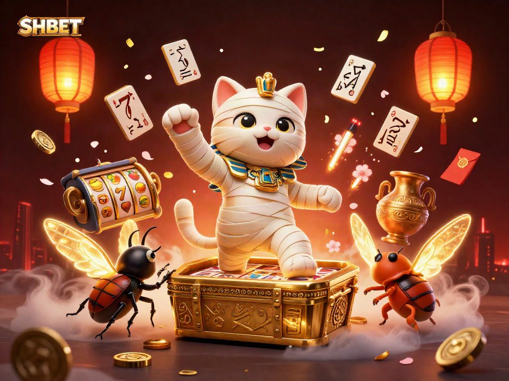 Experience thrilling moments at SHBET with an energetic pyramid casino scene featuring a mummy cat.