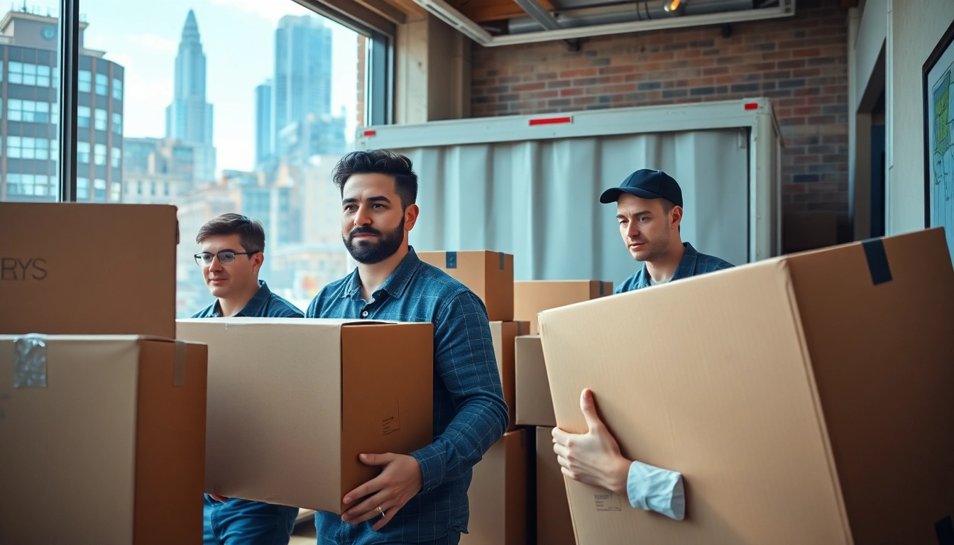 Expert residential movers nyc handling furniture and boxes in a New York City apartment.
