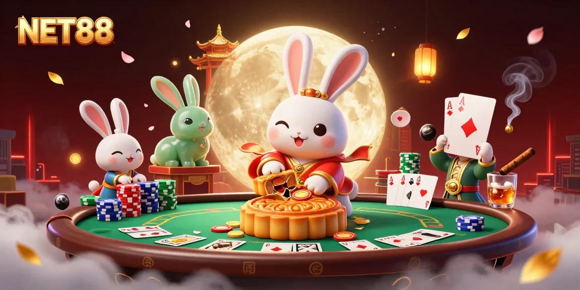 NET88 illuminates a vibrant casino scene with moon rabbits, poker chips, and rich details.