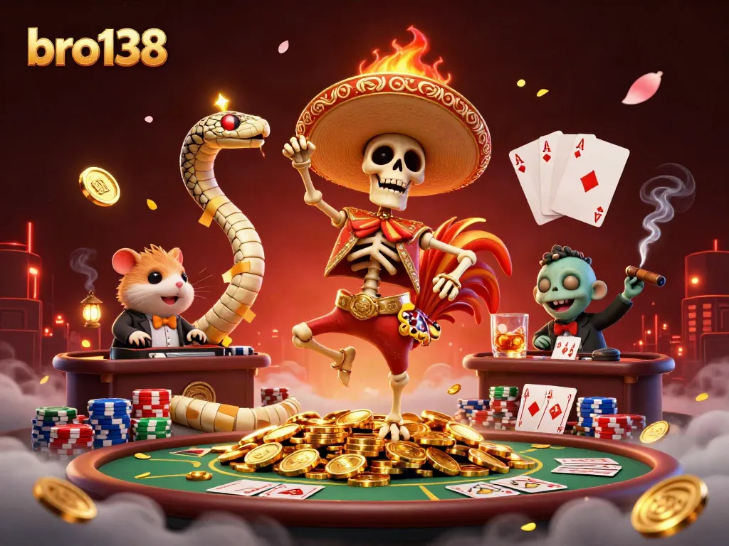 Join the wild celebration at bro138 with a mariachi rooster dancing among vibrant casino elements!