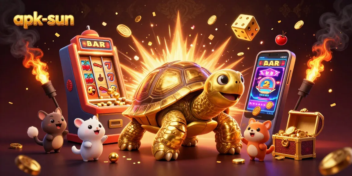 Experience the excitement of apk-sun with a vibrant 3D casino illustration featuring lively characters and a dazzling slot machine.