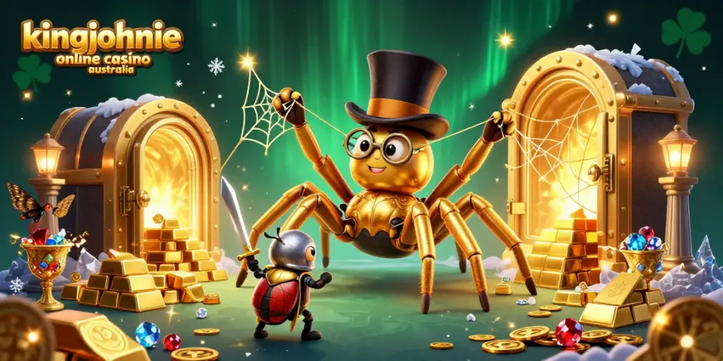 Experience the excitement at kingjohnnie online casino australia with a thrilling 3D illustration featuring a golden tarantula and daring beetle knight.