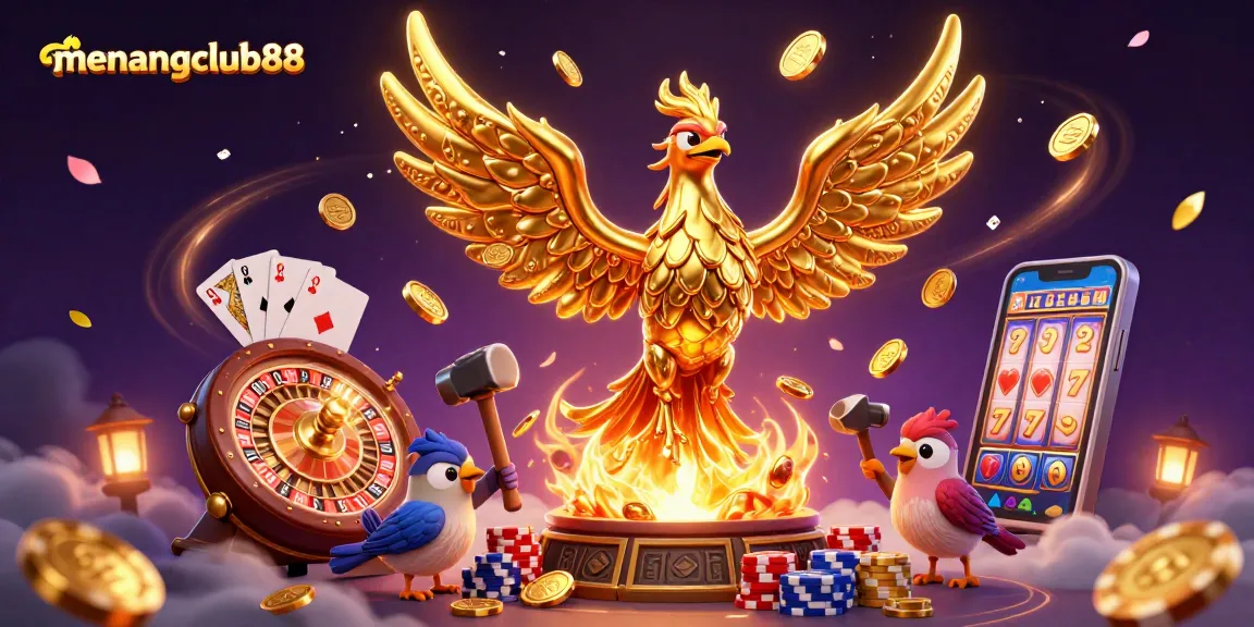 Experience adventure gaming excitement with menangclub88, featuring an explosive golden phoenix and vibrant casino elements.