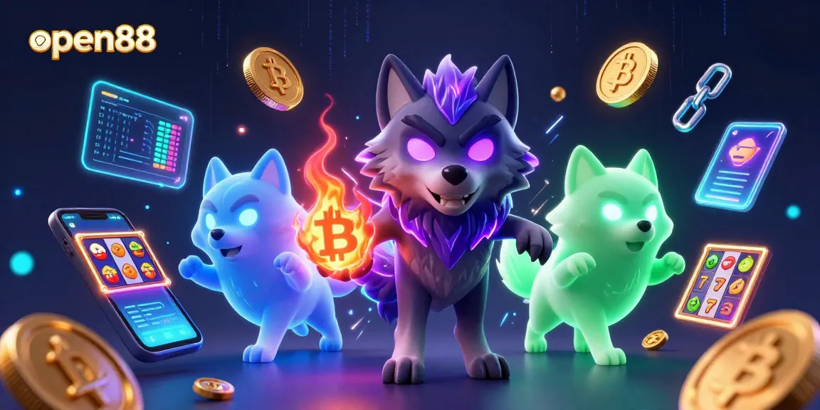 Engage with thrilling action at open88 showcasing a dynamic 3D illustration of a wolf leader and slot game elements.