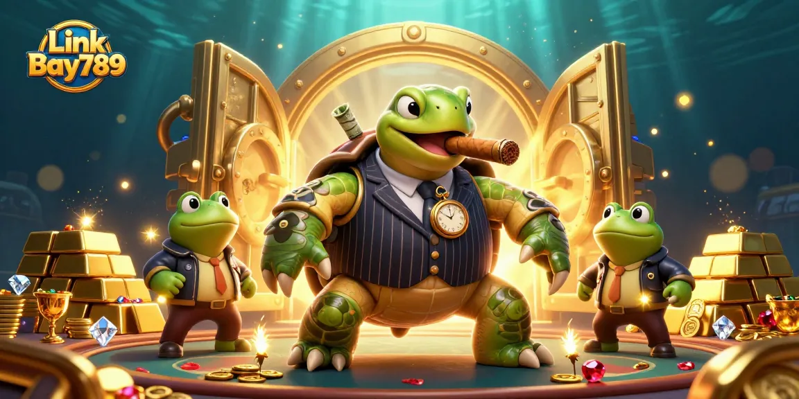Experience thrilling gaming with Link Bay789, featuring a snapping turtle in a mobster suit.