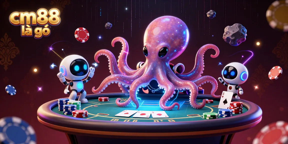 Experience cm88 là gì as a lively poker scene unfolds with an alien octopus and neon elements.