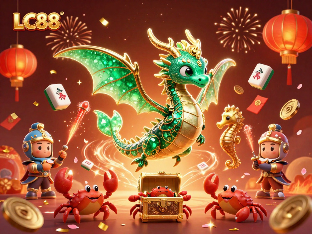 Experience the excitement of LC88 with a vibrant 3D illustration featuring a sea dragon and festive casino elements.