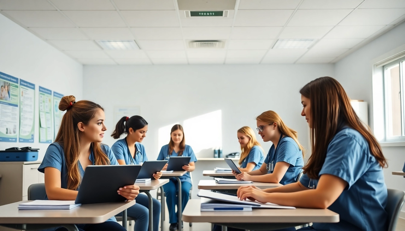 Engaged students participate in an in person Nclex review in Houston, focusing in a bright classroom.