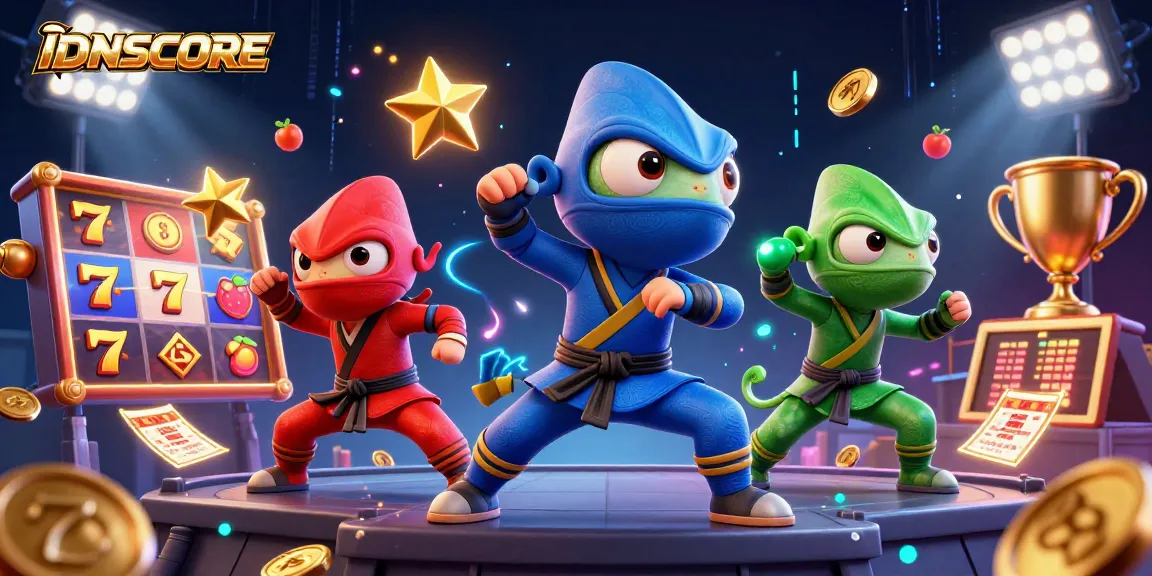 Experience thrilling slots with IDNSCORE as chameleon ninjas showcase their skills amidst vibrant casino elements.