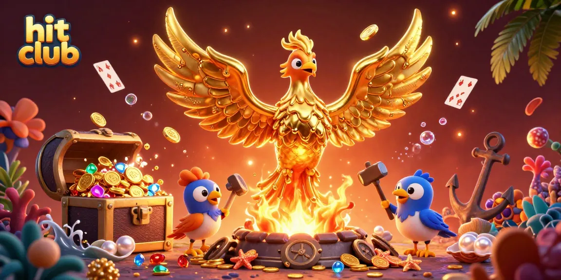 Experience thrilling gameplay at hit club with a golden phoenix soaring amidst treasure and casino games.