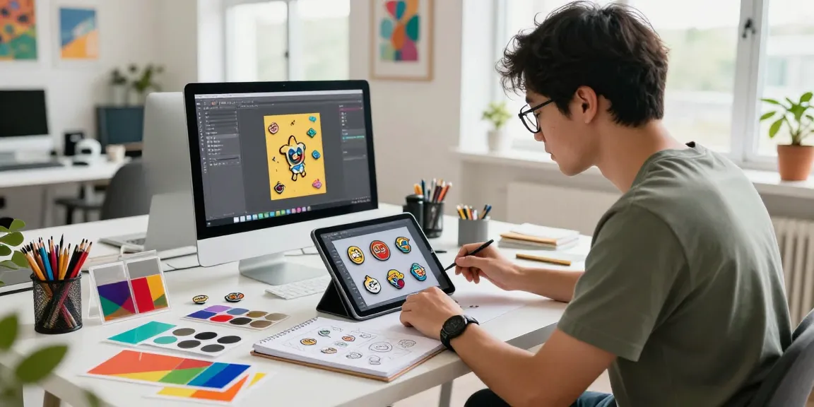 Custom pins design in a vibrant creative workspace with samples and digital tools.