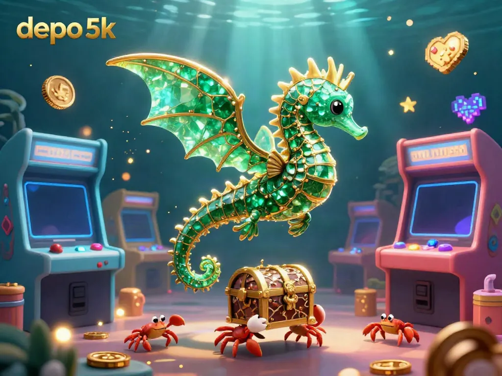 Experience the excitement of depo 5k slots with a vibrant underwater casino scene full of treasures and action.