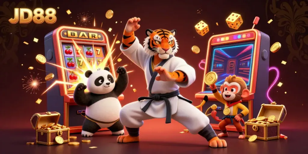 Experience the thrill of JD88 with a vibrant scene of 3D characters amidst a jackpot explosion, perfect for casino enthusiasts.