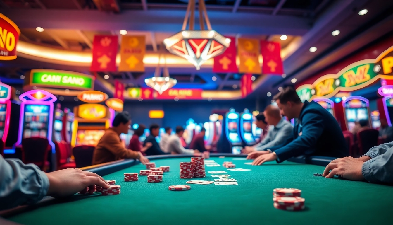 Mainkan agen sbobet pada meja poker yang cerah dalam suasana kasino yang energik.
