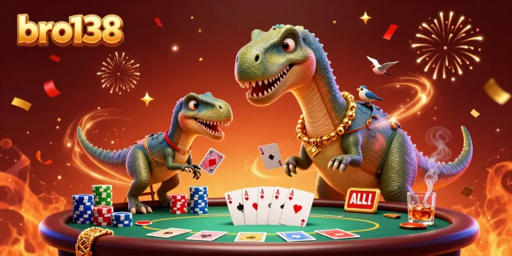Engage in thrilling gaming action at bro138 with an exciting 3D casino scene showcasing a dinosaur dealer.