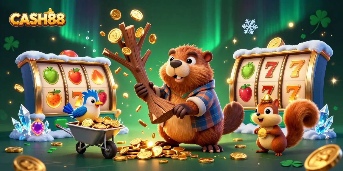CASH88 offers thrilling slots gameplay with a beaver character, animated gold coins, and vibrant casino elements.