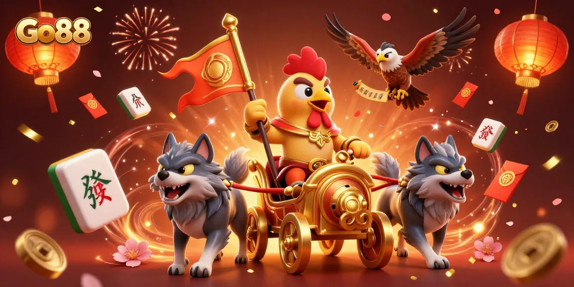 Engage in thrilling games at Go88, featuring vibrant rooster-themed decorations and rich casino elements.
