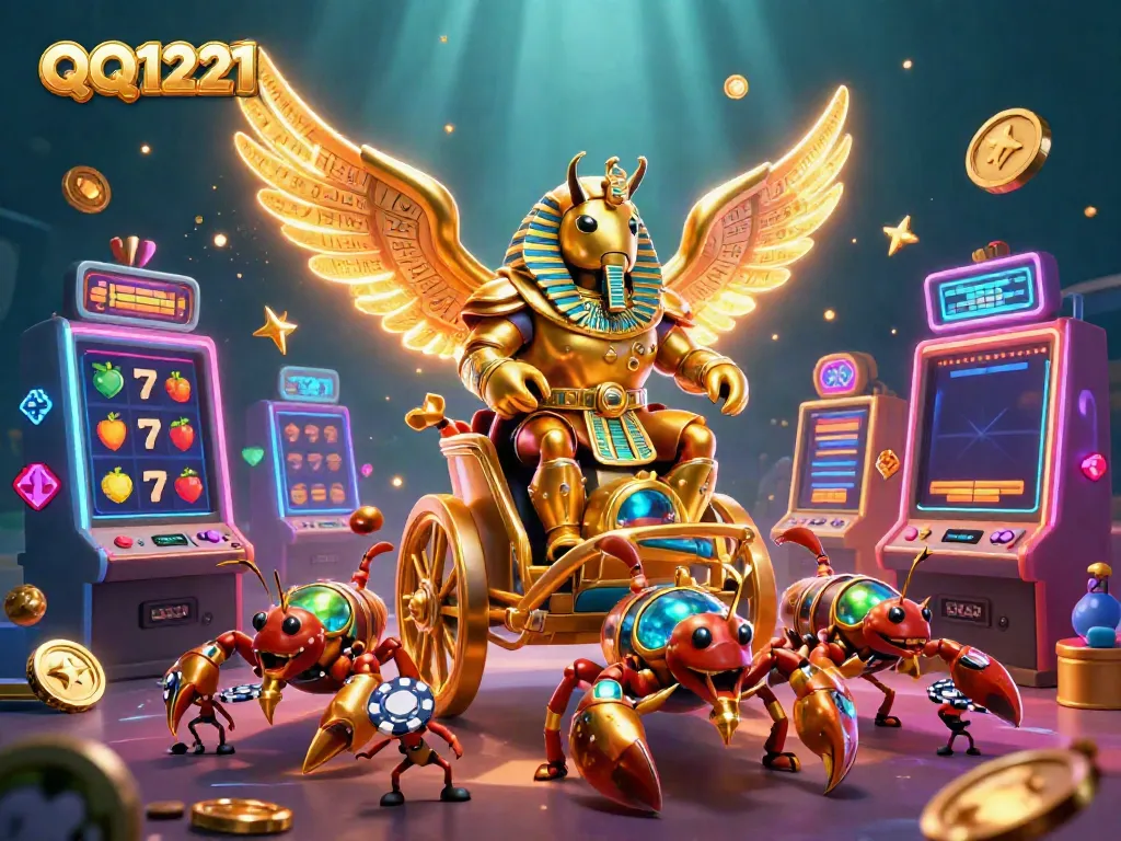 Engage in QQ1221 slot adventures with a golden scarab beetle in a vibrant, dynamic casino setting.