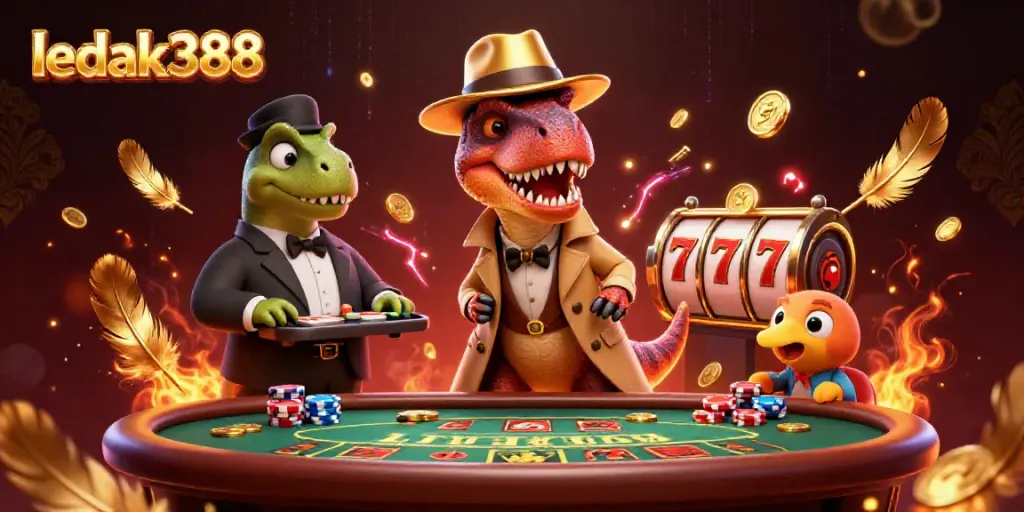 Permainan seru di LEDAK388 dengan velociraptor dan stegosaurus di meja blackjack.