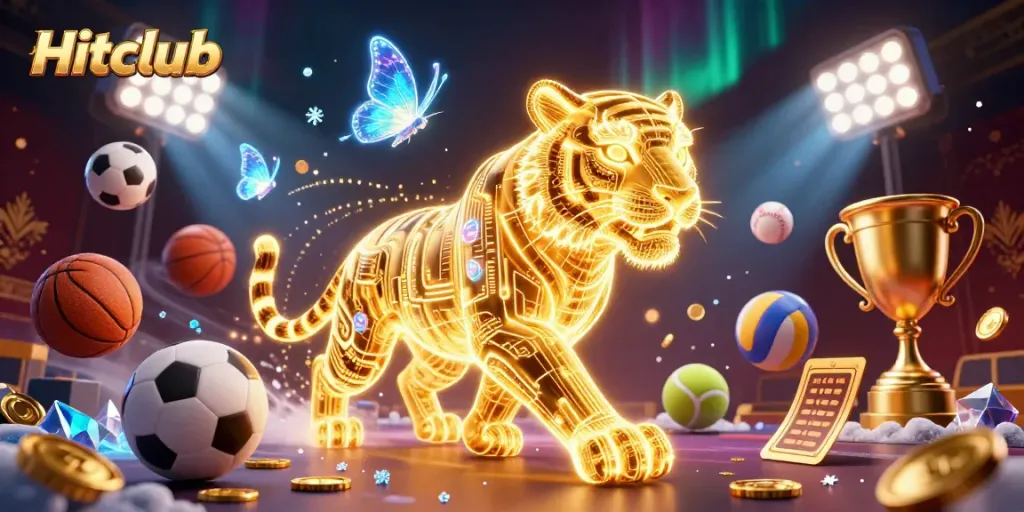 Engage in thrilling gaming at Hitclub as a golden tiger prowls a vibrant digital casino.
