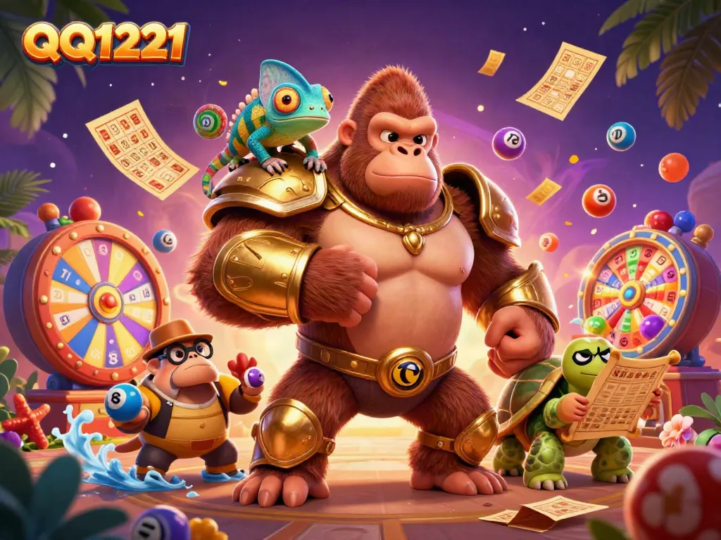 Engage with QQ1221 through an action-packed casino scene filled with colorful elements and characters.