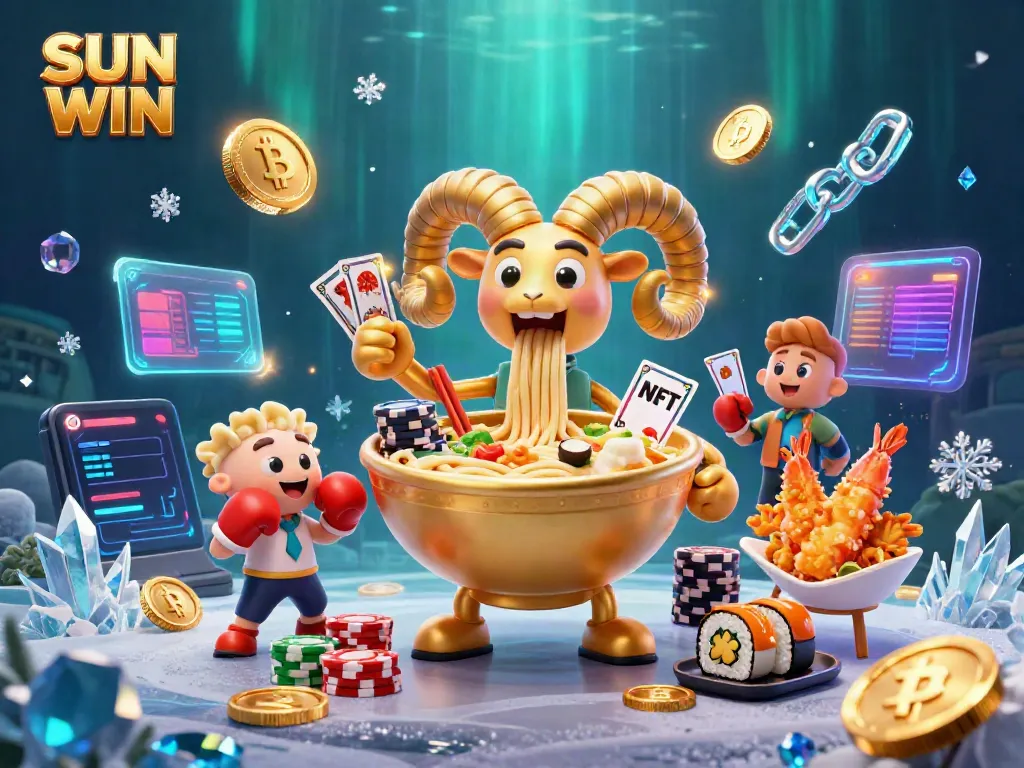 Experience the excitement of SUN WIN with a cartoon giant ramen bowl character, cards, chips, and crypto coins.