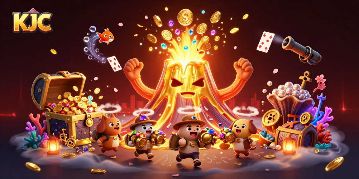 KJC volcano erupts treasure in a vibrant casino-themed 3D illustration.