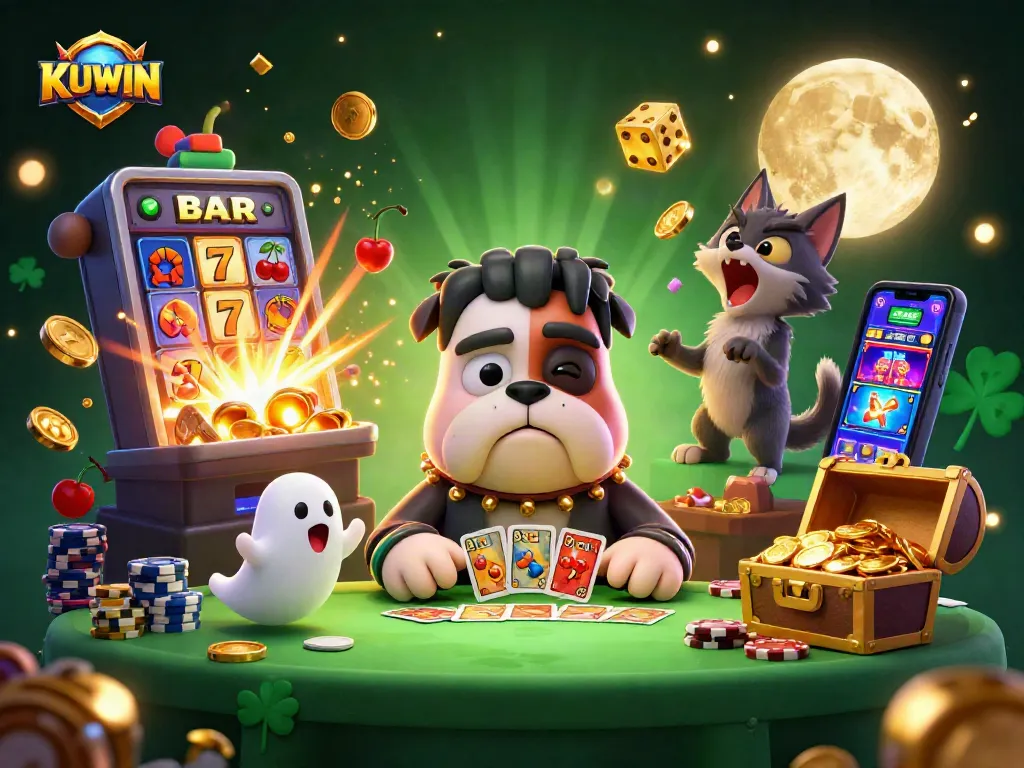 KUWIN deals cards in a vibrant casino scene filled with action-packed game elements and colorful graphics.