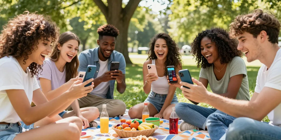 Friends exploring "how old do I look" app in sunny park, showcasing joy and interaction.