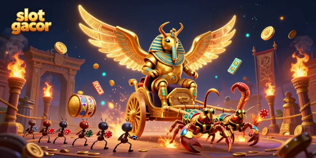 Experience slot gacor action with a golden scarab beetle and scorpions in a vibrant casino scene