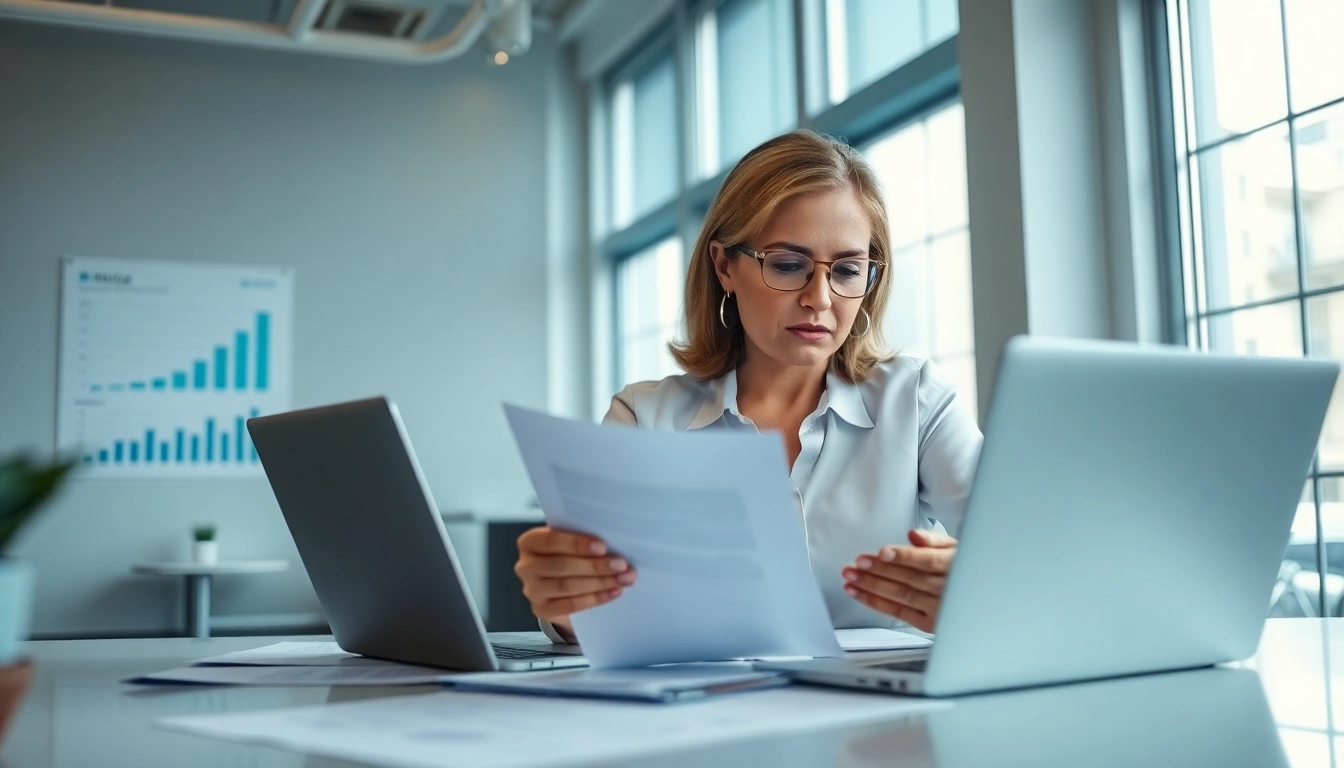 Optimize pre-post award compliance with a consultant reviewing documents in a bright office.